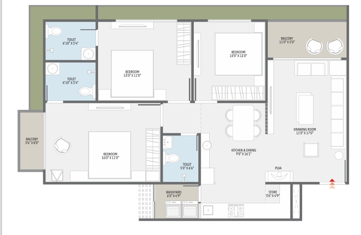 3 BHK Flat floor plan