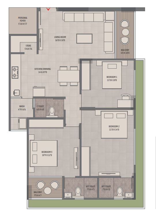 3 BHK Flat floor plan