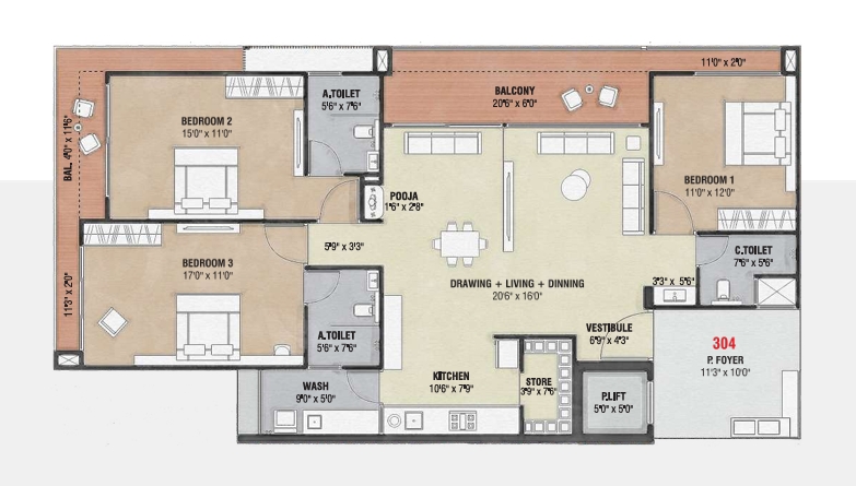 3 BHK Flat floor plan