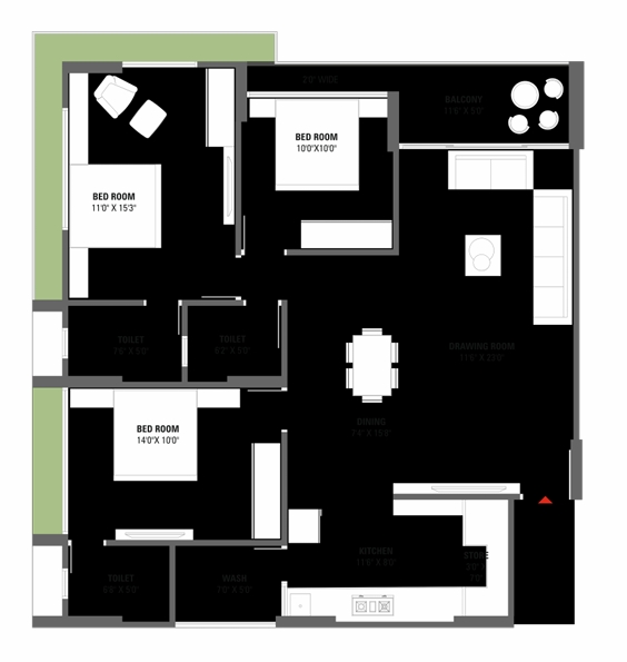 3 BHK Flat floor plan