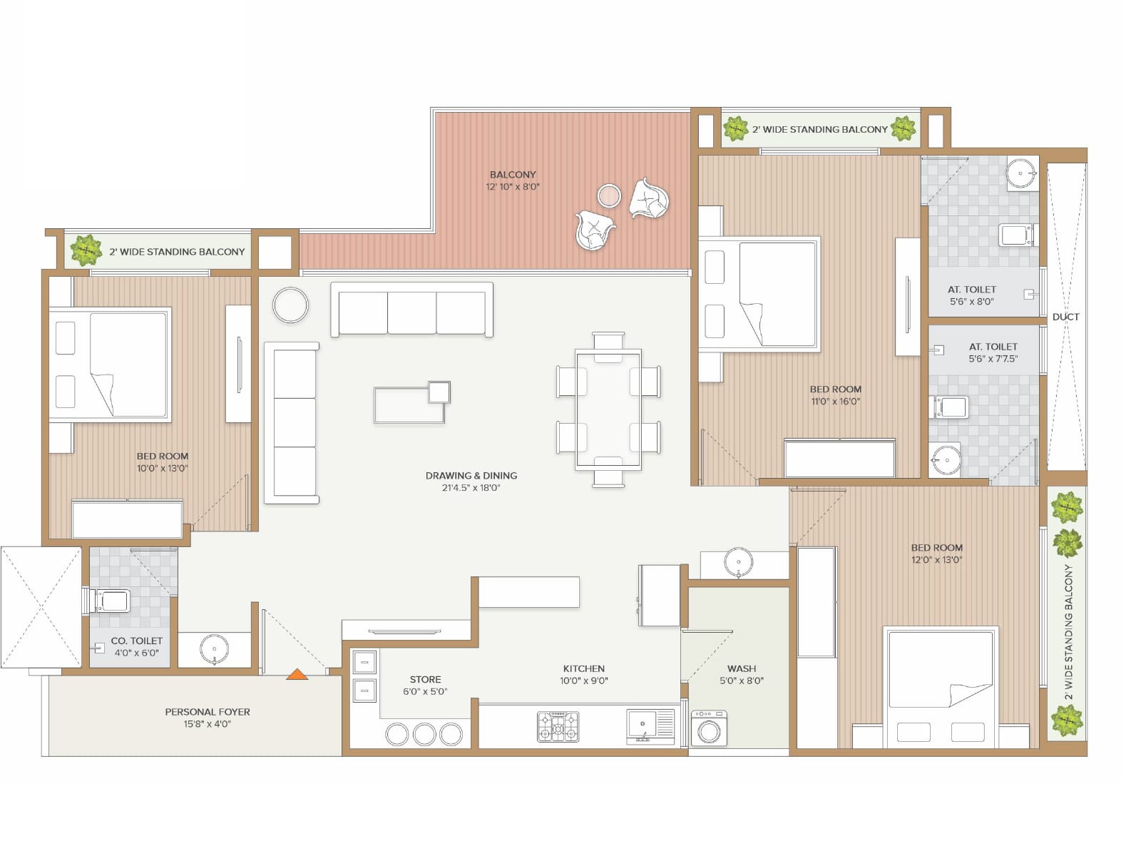 3 BHK Flat floor plan