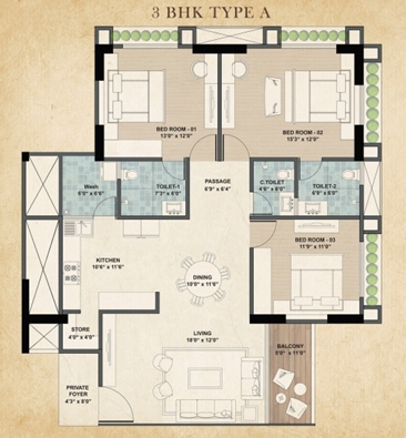 3 BHK Flat floor plan