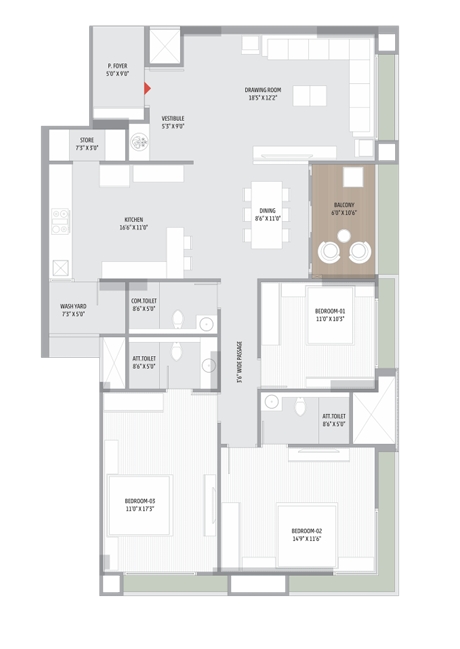 3 BHK Flat floor plan