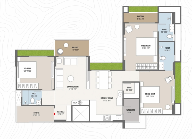3 BHK Flat floor plan