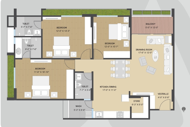 3 BHK Flat floor plan
