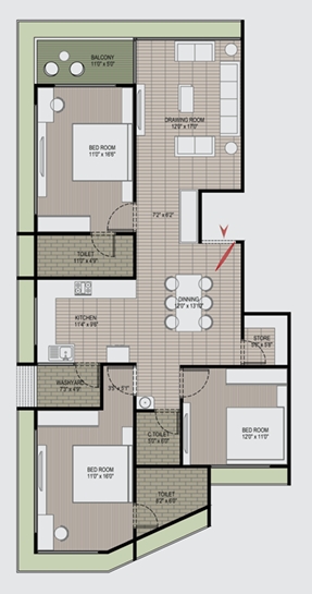 3 BHK Flat floor plan