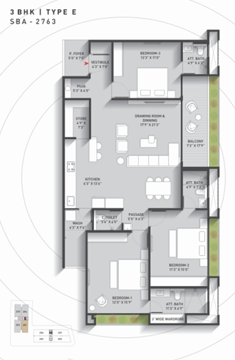 3 BHK Flat floor plan
