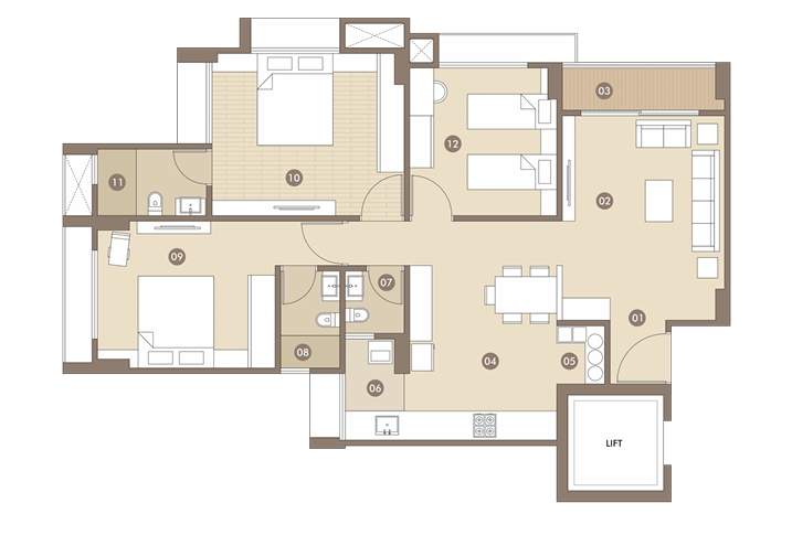 3 BHK Flat floor plan