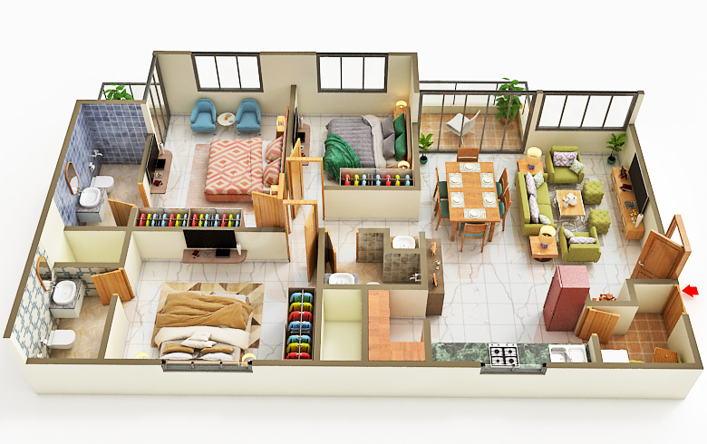 3 BHK Flat floor plan
