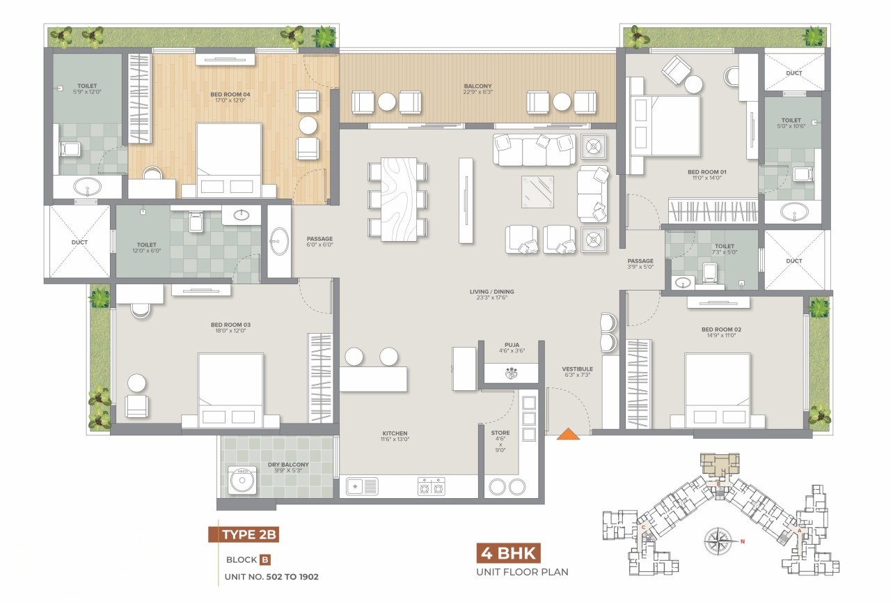 4 BHK Flat floor plan