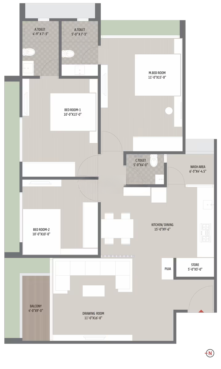 3 BHK Flat floor plan