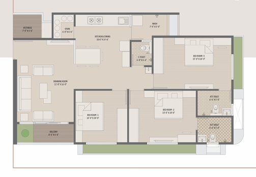 3 BHK Flat floor plan