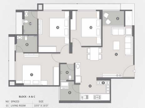 3 BHK Flat floor plan