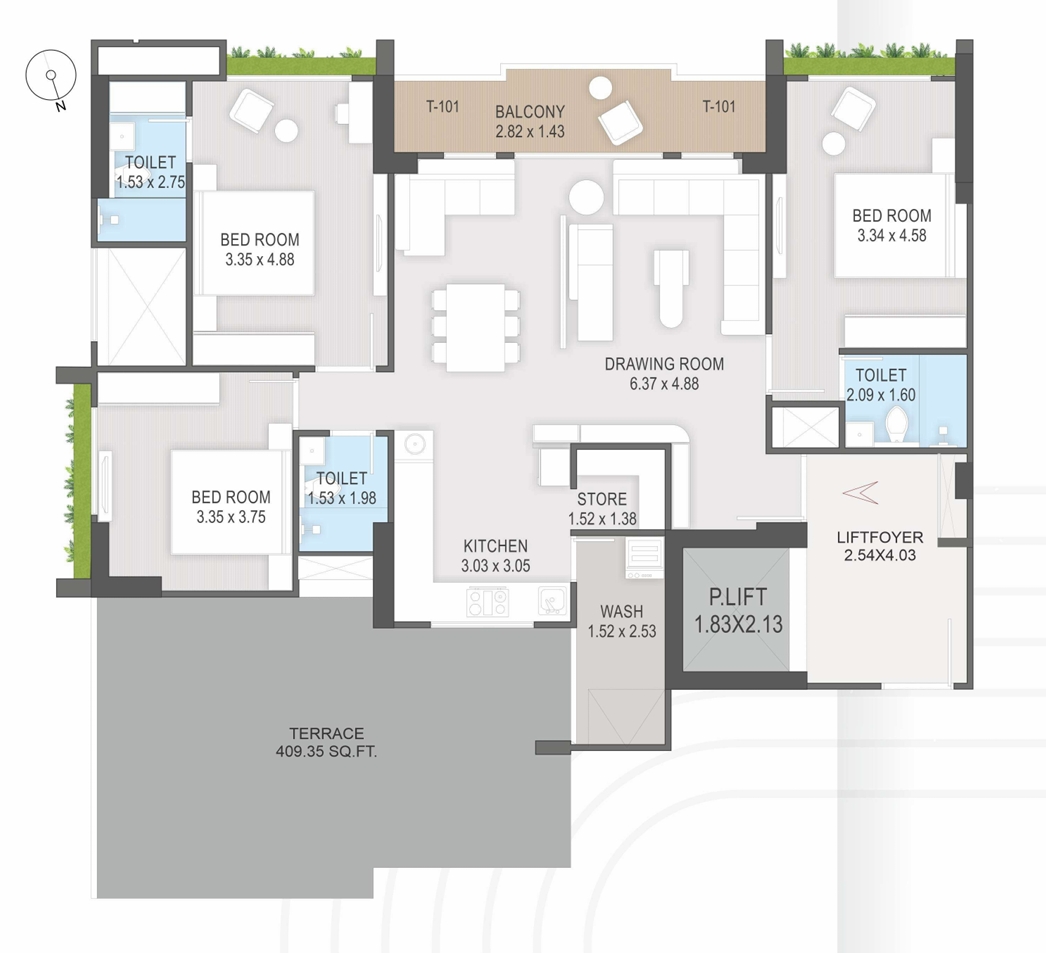 3 BHK Flat floor plan