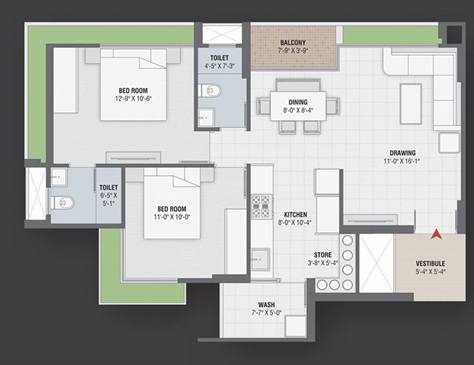 2 BHK Flat floor plan
