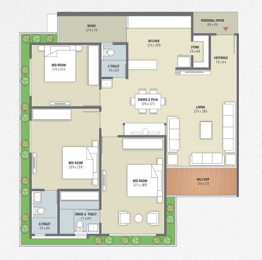 3 BHK Flat floor plan