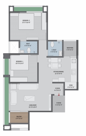 2 BHK Flat floor plan