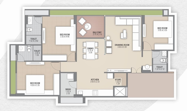 3 BHK Flat floor plan