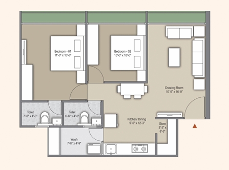 2 BHK Flat floor plan