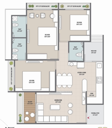3 BHK Flat floor plan