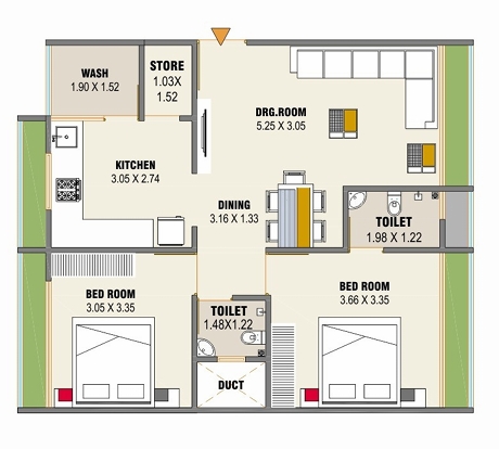 2 BHK Flat floor plan