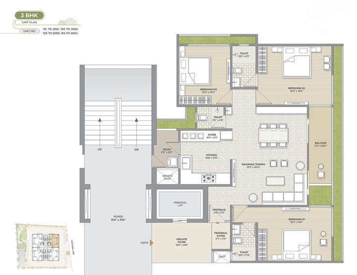 3 BHK Flat floor plan