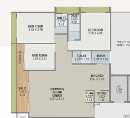 3 BHK Flat floor plan