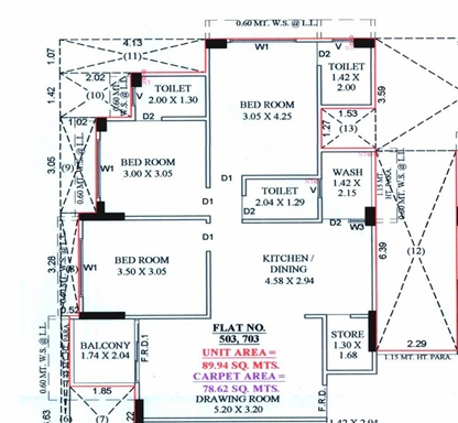 3 BHK Flat floor plan