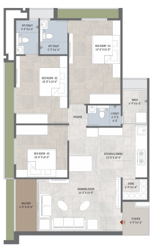 3 BHK Flat floor plan