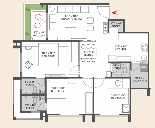 3 BHK Flat floor plan