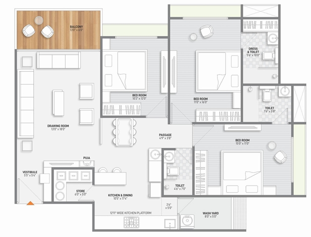 3 BHK Flat floor plan
