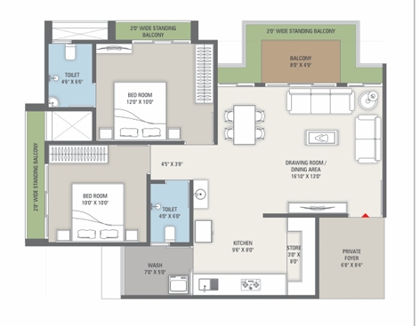 2 BHK Flat floor plan