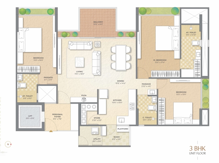 3 BHK Flat floor plan