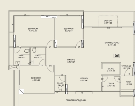 3 BHK Flat floor plan