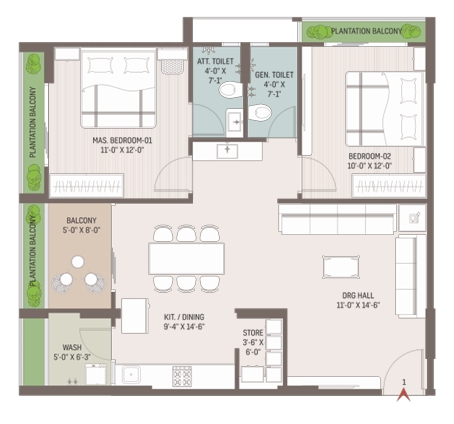 2 BHK Flat floor plan