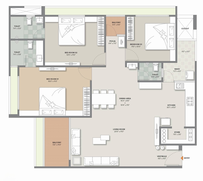 3 BHK Flat floor plan