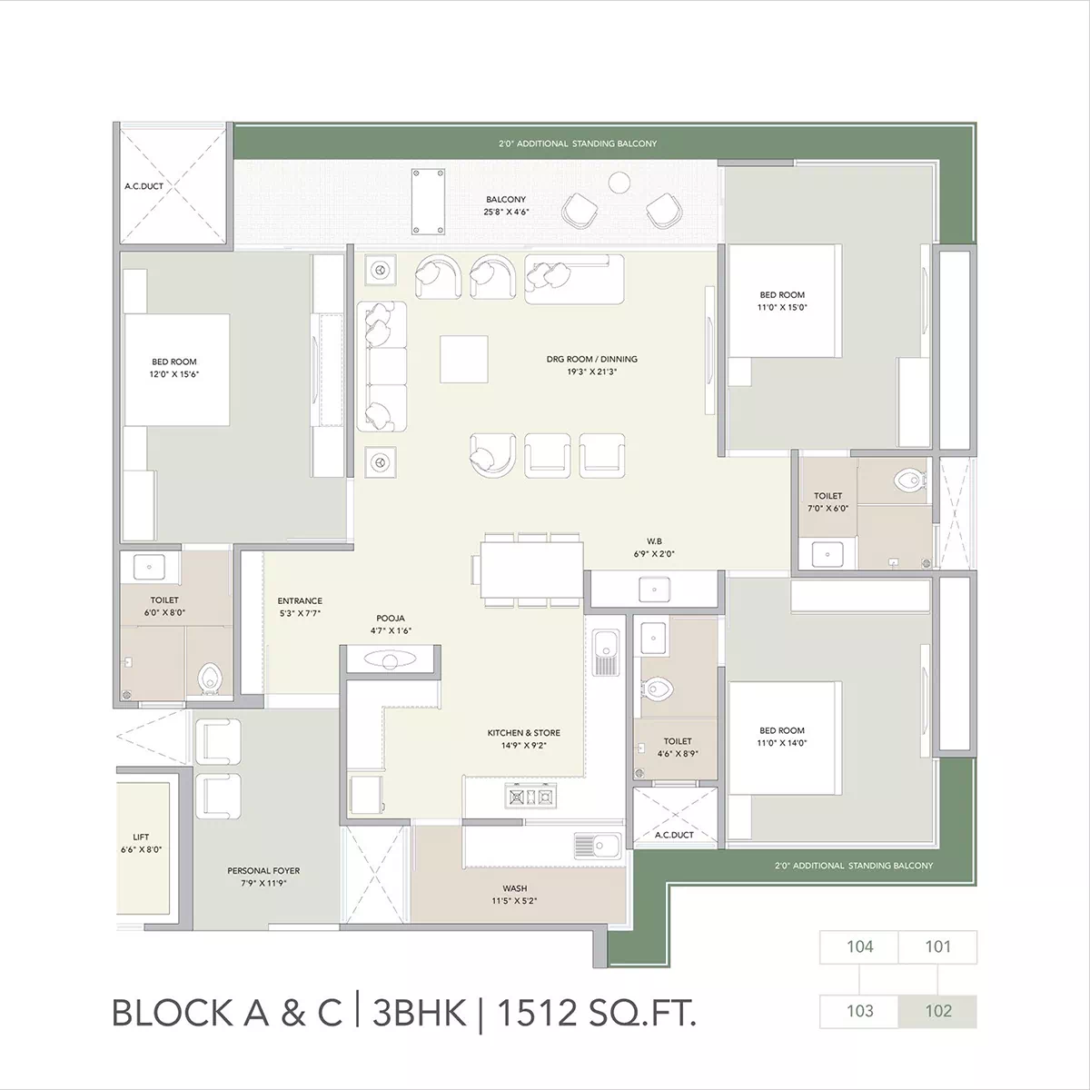 3 BHK Flat floor plan