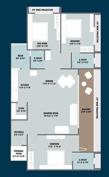 3 BHK Flat floor plan