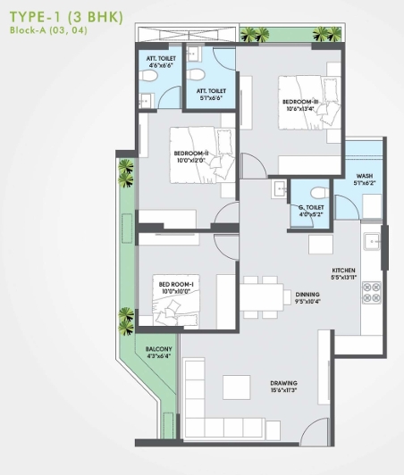 3 BHK Flat floor plan