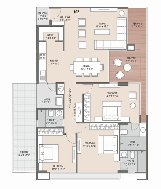3 BHK Flat floor plan