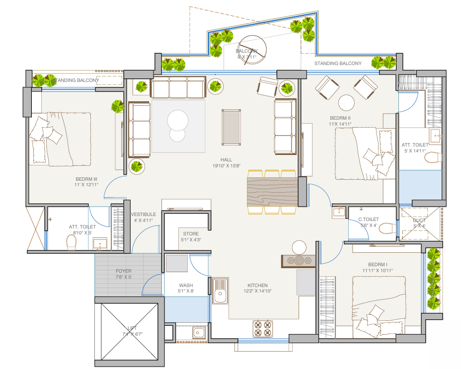 3 BHK Flat floor plan