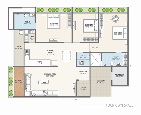 3 BHK Flat floor plan