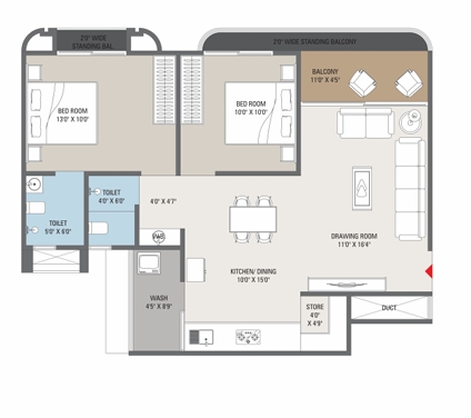 2 BHK Flat floor plan