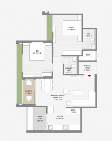 2 BHK Flat floor plan