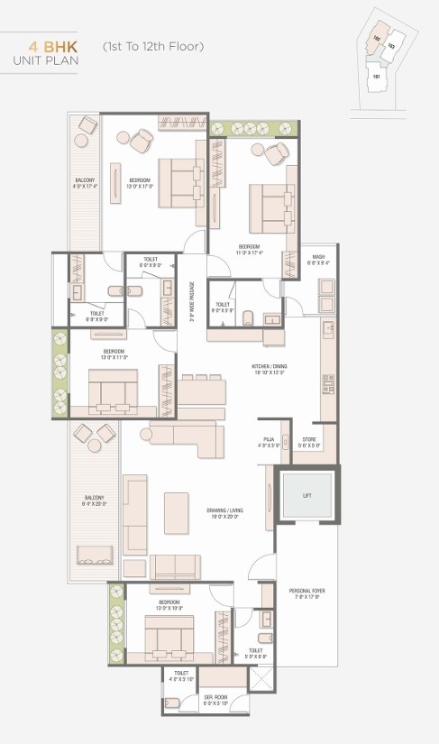 4 BHK Flat floor plan