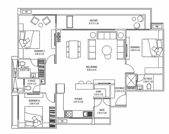 3 BHK Flat floor plan