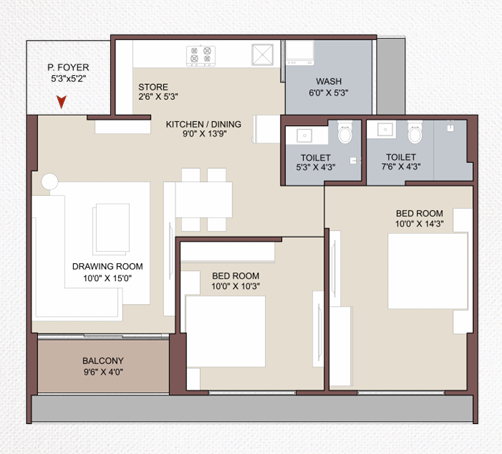 2 BHK Flat floor plan