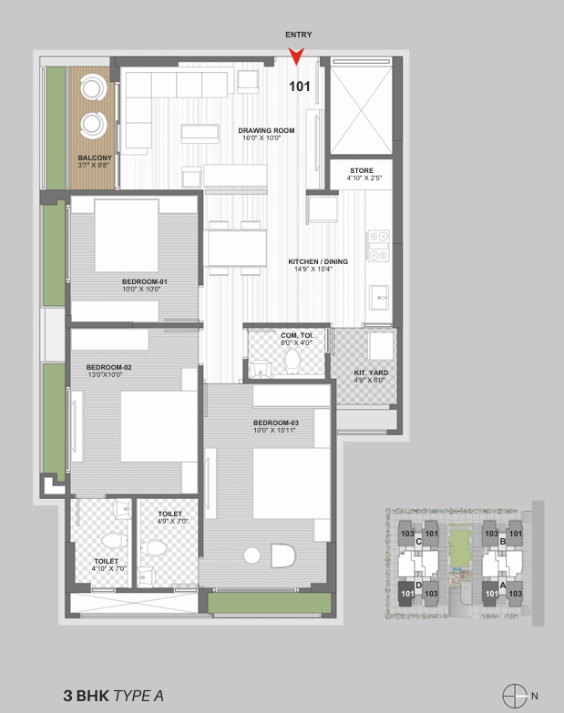 3 BHK Flat floor plan