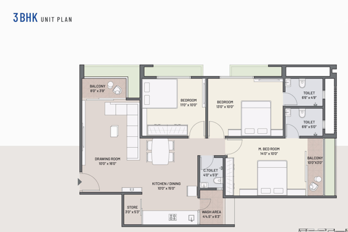 3 BHK Flat floor plan