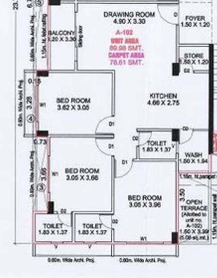 3 BHK Flat floor plan